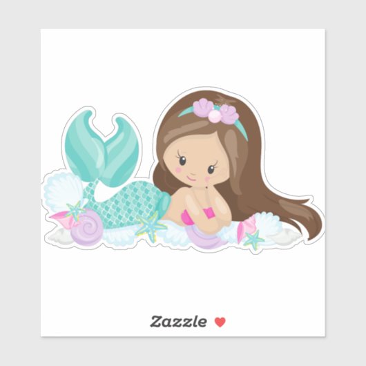 Kleine zeemeermin, Cute Mermaid, Shells, Brown Hai Sticker (Vel)