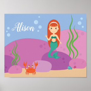 Kleine zeemeermin onderwater zwaaien kinderkamer p poster