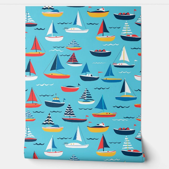 Kleine zeilboten in het Zee, Nautical Aqua Blue Behang (Afrollen)
