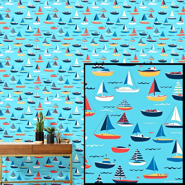 Kleine zeilboten in het Zee, Nautical Aqua Blue Behang (Creator heeft geüpload)