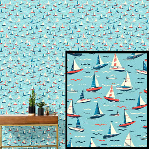 Kleine zeilschepen boten in golven rood blauw wit behang