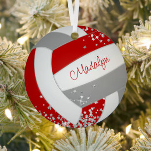 Kleine zilveren sterren rood grijs volleybal keeps metalen ornament