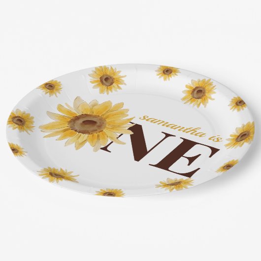 Kleine zonnesbloem 1ste verjaardag papieren bordje (Gekanteld)