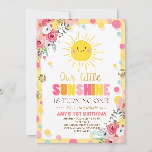 Kleine zonneschijn Birthday-uitnodiging Roze Flora Kaart (Voorkant)