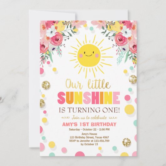 Kleine zonneschijn Verjaardag uitnodiging Roze Blo (Voorkant)