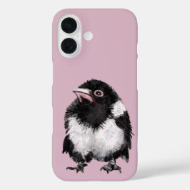Kleine zwart-witte ekster op roze achtergrond iPhone 16 hoesje