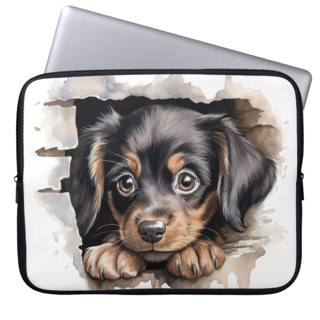 KLEINE ZWARTE EN BRUINE PUPPY HOND DIE OVER HET HE LAPTOP SLEEVE (Voorkant)