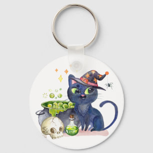 Kleine zwarte hekkkat met een tas van een cauldron sleutelhanger