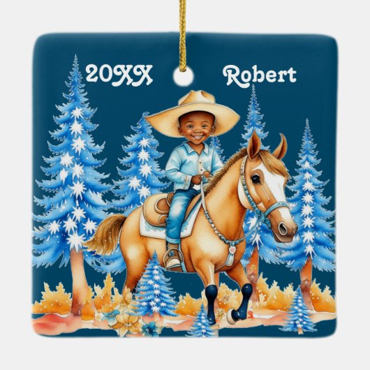 Kleine zwarte jongen op paard winterscène aangepas keramisch ornament (Achterkant)
