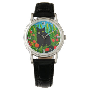 Kleine zwarte kat in een tulpentuin horloge