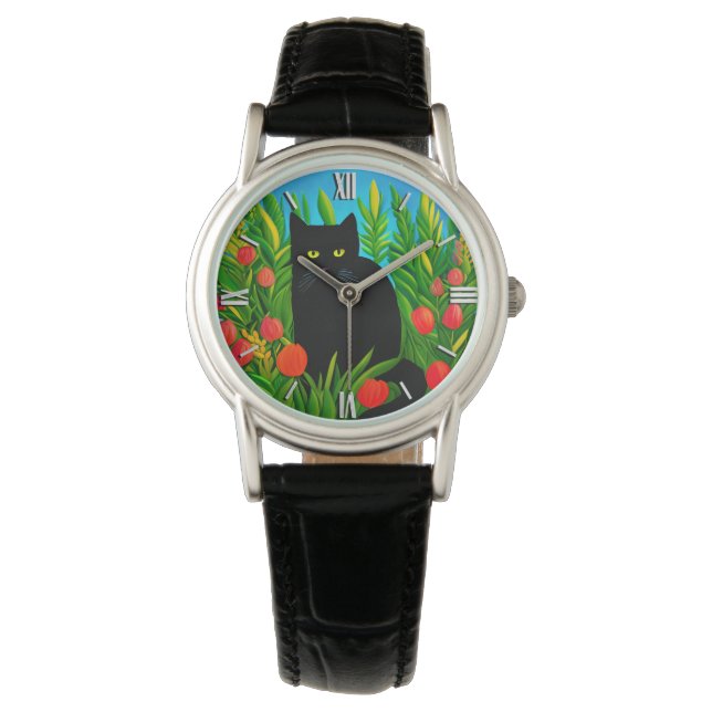 Kleine zwarte kat in een tulpentuin horloge (Voorkant)