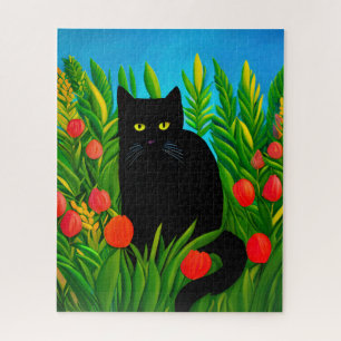 Kleine zwarte kat in een tulpentuin legpuzzel