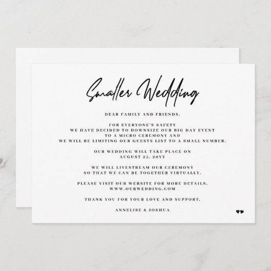 Kleinere trouwelegante minimale neermaatceremonie aankondiging (Voorkant / Achterkant)