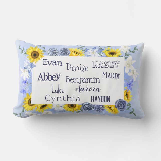 Kleinkinderen Namen Moederdag Zonnebloem Blauw Kussen (Voorkant)