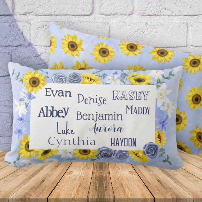 Kleinkinderen Namen Moederdag Zonnebloem Blauw Kussen (Personalized throw pillow for grandma with grandkid's names. Sunflowers and dusty blue colors.)