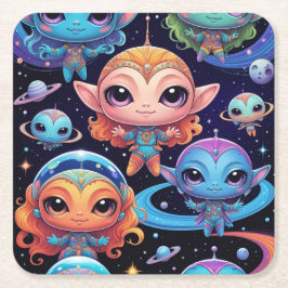 Kleinkleurige aliens in de ruimte vierkante kartonnen onderzetter