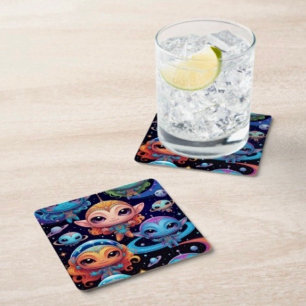 Kleinkleurige aliens in de ruimte vierkante kartonnen onderzetter