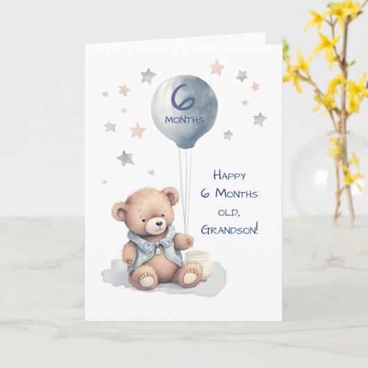 Kleinzoon 6 maanden verjaardag Zachte teddybeer en Kaart (Gele Bloem)