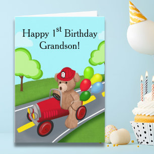 Kleinzoon Happy 1st Verjaardag Teddy Bear Firetruc Kaart