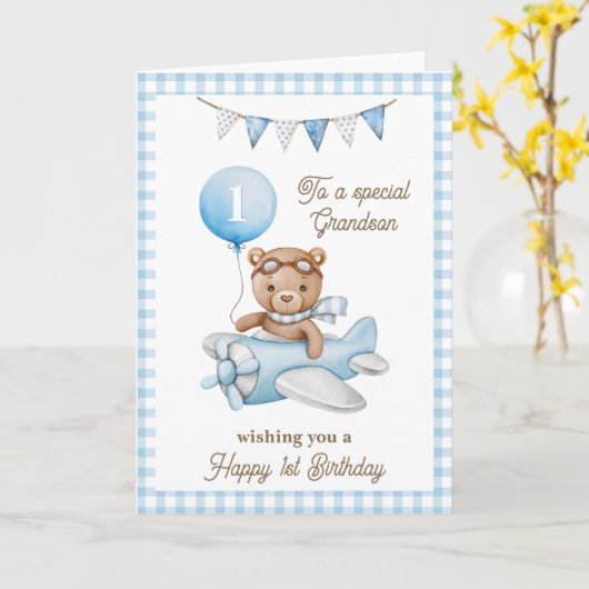 Kleinzoon's eerste verjaardag Teddy Bear Groet Kaart (Gele Bloem)