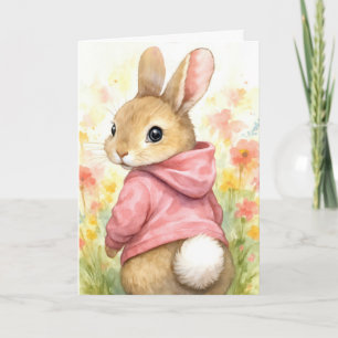 Kleinzoon's paashaas in een roze hoodie kaart