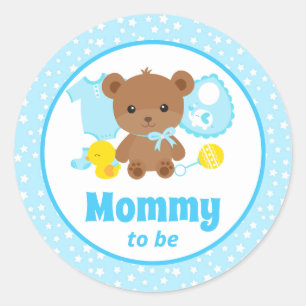 Kleren voor blauwe teddybeer baby shower aanstaand ronde sticker