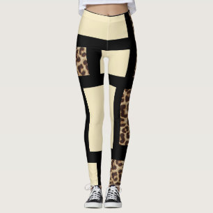 Kleur blok Crème Ivoor Zwart & Luipaard Cheeta Leggings