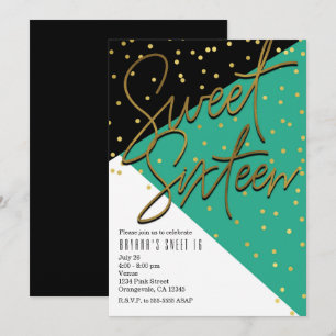 Kleur Blok Teal Zwart Goud Sweet 16 Uitnodigingen