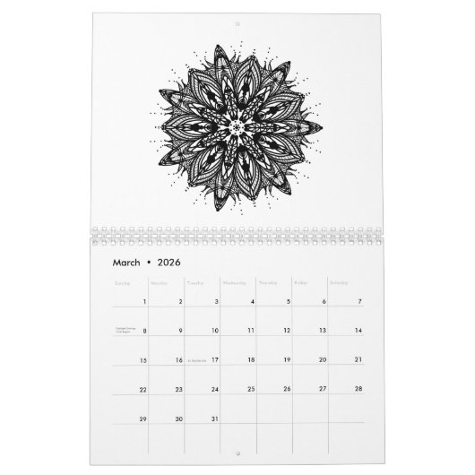 Kleur in zwart-wit kaleidoscoop mandala kalender (Mar 2026)