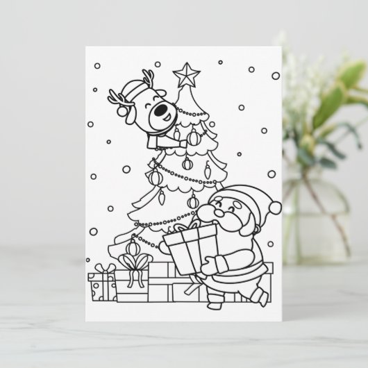 Kleur je eigen Kerstman en rendieren in Feestdagenkaart (Staand voorkant)