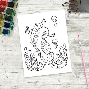 Kleur Me Groot zeepaardje   Kinder activiteit Kaar Briefkaart