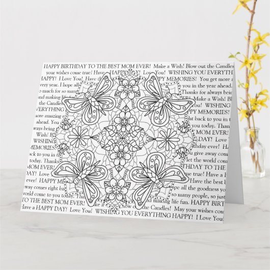 Kleur me, mam's verjaardag libellen en bloemen kaart (Gele Bloem)