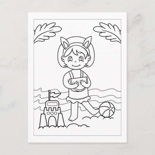 Kleur-me-meisje dat op strand speelt | Activiteite Briefkaart (Voorkant)
