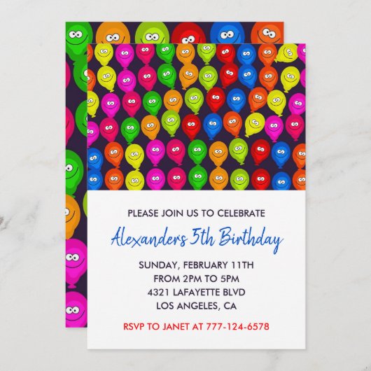 Kleur party uitnodigingen 5th jongen ballonnen mon (Voorkant / Achterkant)