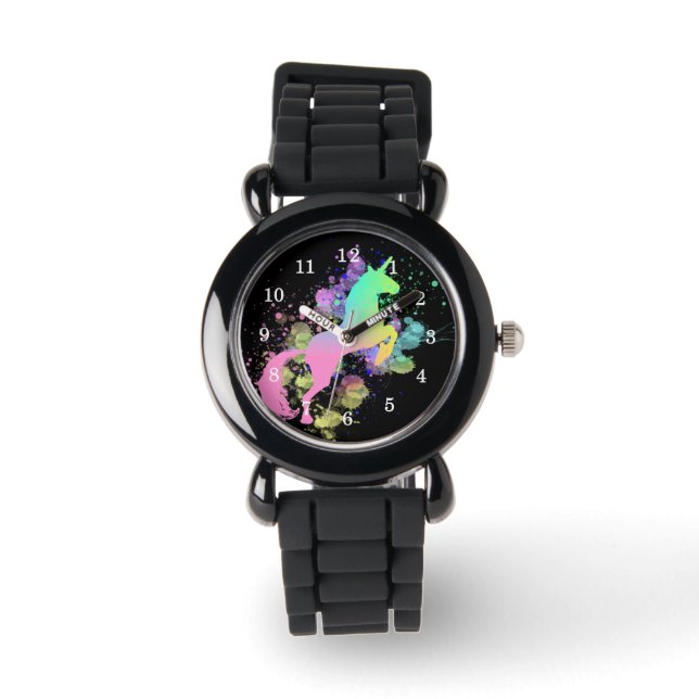Kleur Splash Fantasy Rainbow Eenhoorn Horloge (Voorkant)
