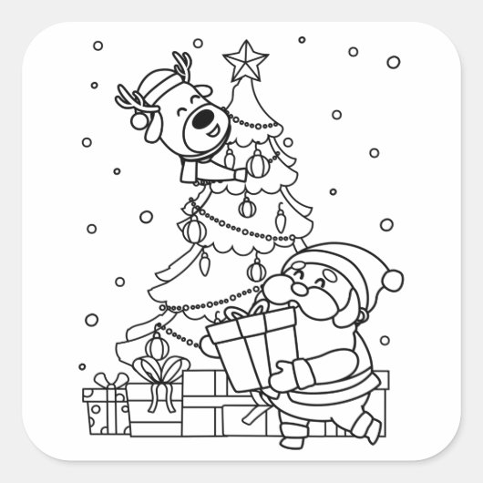 Kleur Uw Eigen Kerstman en Rendier Vierkante Sticker (Voorkant)