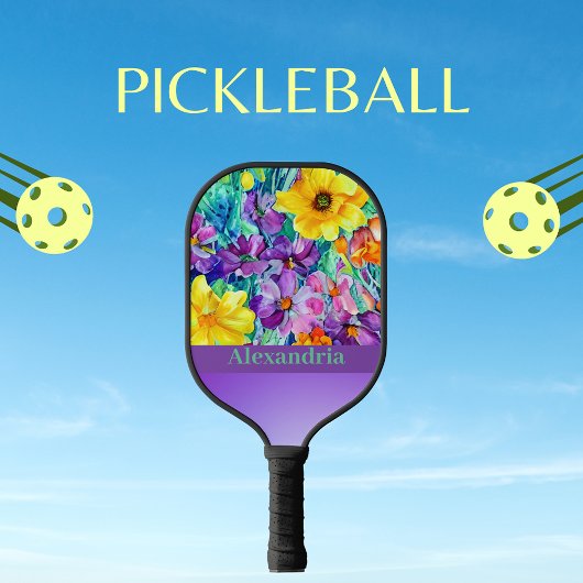 Kleurblok horizontaal elegant bloemmotief met naam pickleball paddle