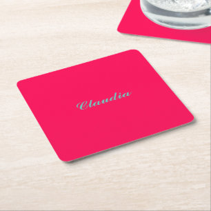 Kleurblok monogram op hete fuchsia roze vierkante kartonnen onderzetter