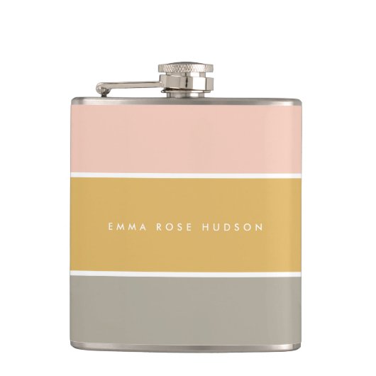 Kleurblok Roze Goud Grijze Stripe Monogram Heupfles (Voorkant)