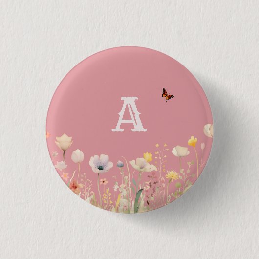 kleuren Waterverf Wildflowers en Monogram Ronde Button 3,2 Cm (Voorkant)