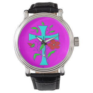 Kleurenkniproze met rode bloemen blauw kruis horloge