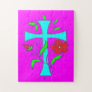 Kleurenkniproze met rode bloemen blauw kruis legpuzzel