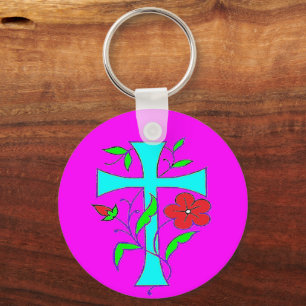 Kleurenkniproze met rode bloemen blauw kruis sleutelhanger