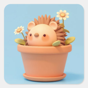 Kleurenrijke Klei Stekelvarken in Oranje Pot Vierkante Sticker