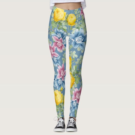 Kleurig blauw roos patroon zomermode trendy leggings (Voorkant)