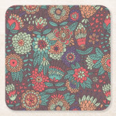Kleurig bloempatroon in cartoon stijl vierkante kartonnen onderzetter (Voorkant)