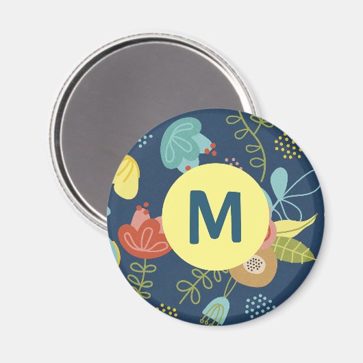 Kleurig Cute Floral Pattern Dark Blue Monogram Magneet (Voorkant / Achterkant)