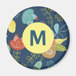 Kleurig Cute Floral Pattern Dark Blue Monogram Magneet