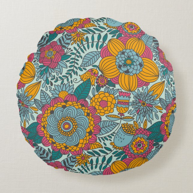 Kleurig floreel patroon rond kussen (Voorkant)