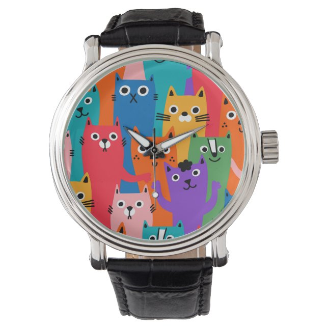 Kleurig kattenpatroon horloge (Voorkant)